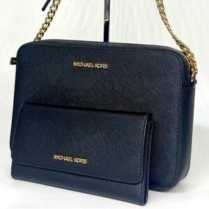 Michael Kors Jet Set Large Logo Crossbody Bag & Matching Trifold Wallet Black